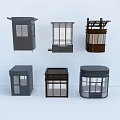 Various Small Kiosk Designs In Gray And Brown With Windows And Frames 3d model