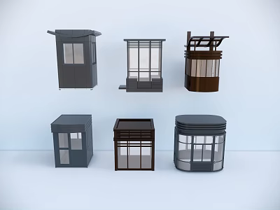 Various Small Kiosk Designs In Gray And Brown With Windows And Frames 3d model