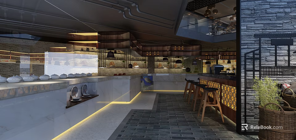 Modern Restaurant Interior With Bar Counter Bar Stools And Ambient Lighting 3d model