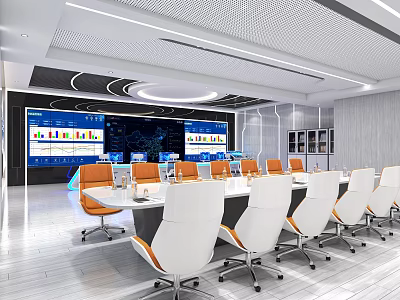 Modern Monitoring Room With Large Screens Displaying Charts And Data Conference Table White Orange Chairs 3d model