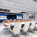 Modern Monitoring Room With Large Screens Displaying Charts And Data Conference Table White Orange Chairs