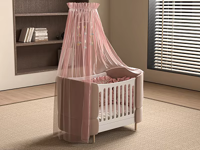 White Baby Crib With Pink Canopy And Bedding Near Window Blinds And Bookshelf 3d model