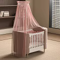 White Baby Crib With Pink Canopy And Bedding Near Window Blinds And Bookshelf