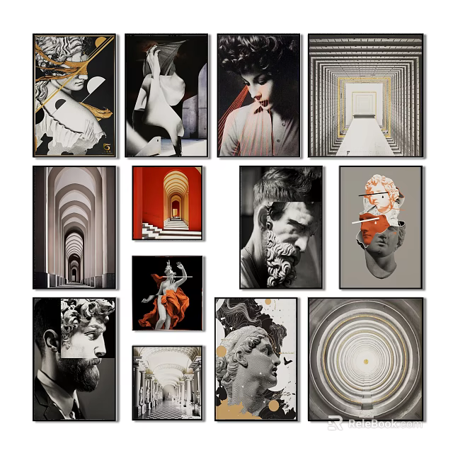Diverse Portrait Paintings Collection Featuring Classical Sculptures And Modern Abstract Art 3d model 