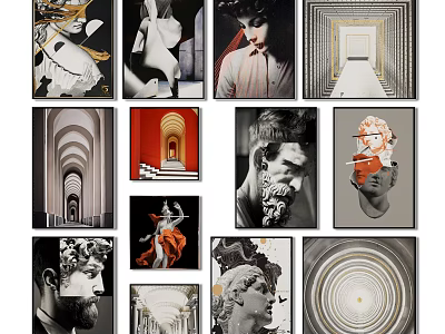 Diverse Portrait Paintings Collection Featuring Classical Sculptures And Modern Abstract Art 3d model
