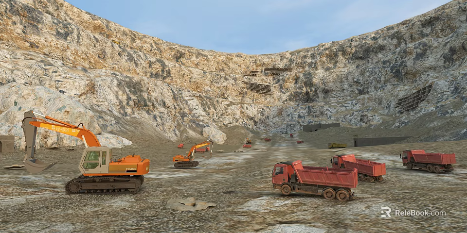 Industrial Plant Mining Site With Orange Excavators And Red Dump Trucks Working On Rocky Ground 3d model 