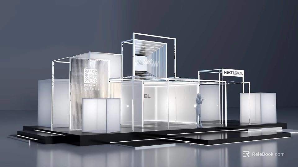Modern Exhibition Stage With White Frame Structure Transparent Panels And Brand Logos ELLE HESTIA 3d model 