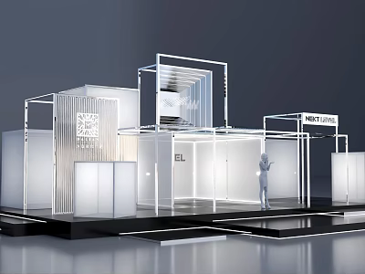 Modern Exhibition Stage With White Frame Structure Transparent Panels And Brand Logos ELLE HESTIA 3d model