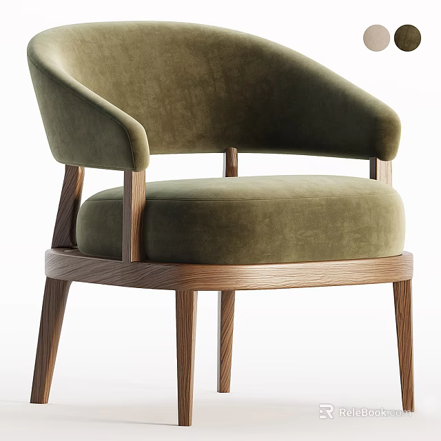 Elegant Green Velvet Single Chair With Curved Armrests And Wooden Legs 3d model 