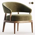 Elegant Green Velvet Single Chair With Curved Armrests And Wooden Legs