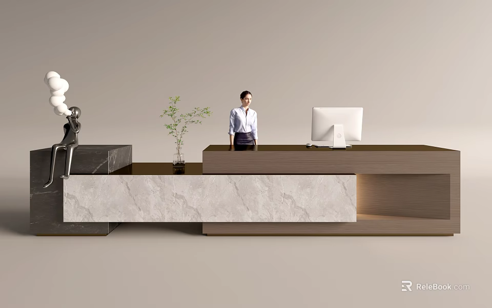 Modern Reception Desk Interior With Receptionist Marble Countertop Decorative Plant And Computer Monitor 3d model 