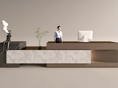 Modern Reception Desk Interior With Receptionist Marble Countertop Decorative Plant And Computer Monitor 3d model