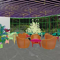 Lounge Interior With Comfortable Chairs Round Tables And Flowering Tree By Large Windows 3d model