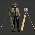 Surveying Instruments On Tripods With Surveyor In Trench Coat And Hat