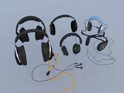 Assorted Headphones Featuring Over Ear In Ear Designs and Colorful Cables 3d model