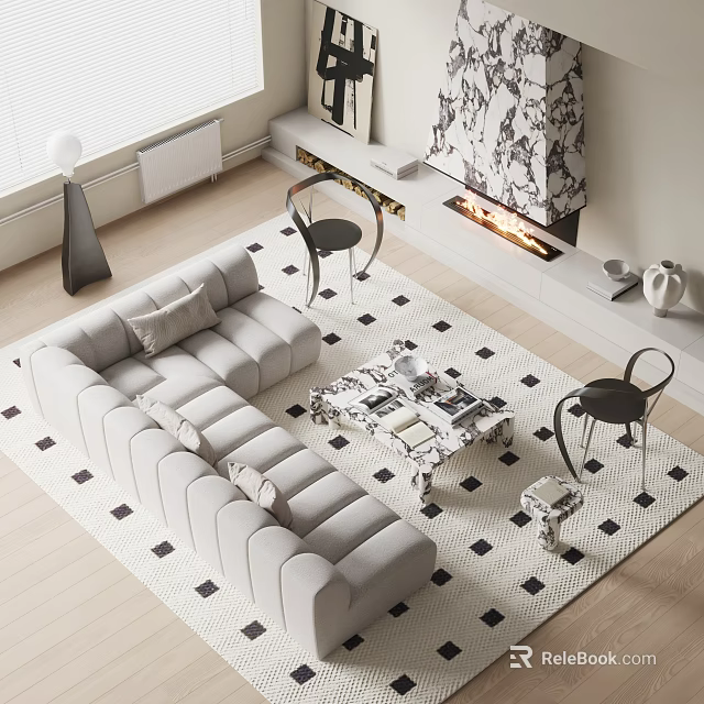 Modern Living Room Sofa Coffee Table Set With Checkered Rug And Accent Chairs 3d model 