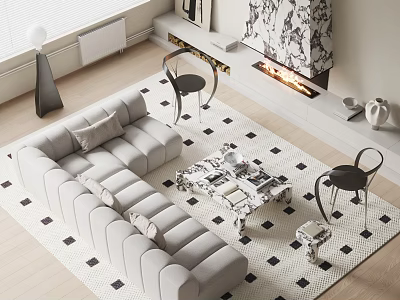 Modern Living Room Sofa Coffee Table Set With Checkered Rug And Accent Chairs 3d model