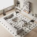 Modern Living Room Sofa Coffee Table Set With Checkered Rug And Accent Chairs