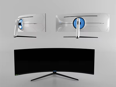 Stylish Curved Computer Monitors With White Black Design And Blue Circular Accent 3d model