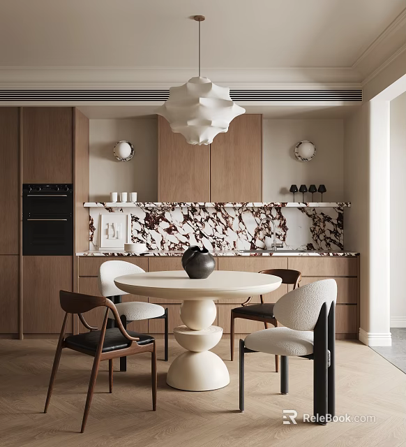 Modern Restaurant Interior With Wooden Cabinets Marble Backsplash And Round Dining Table 3d model