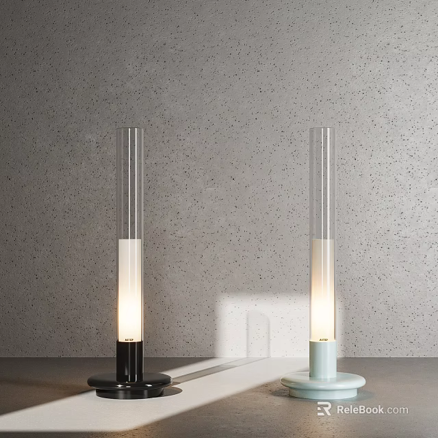 Modern Slim Glass Tube Table Lamps Illuminated Black Light Blue Base on Gray Wall Tabletop 3d model 