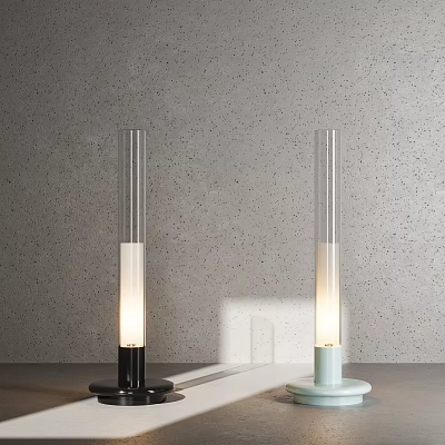 Modern Slim Glass Tube Table Lamps Illuminated Black Light Blue Base on Gray Wall Tabletop 3d model
