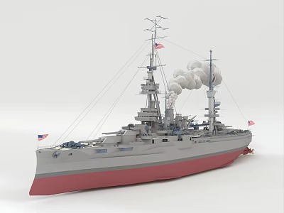 Detailed Warship Model With American Flags White Smoke From Chimneys Gray Red Hull And Masts 3d model