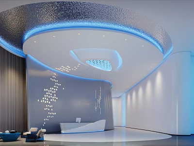 Modern Reception Area Featuring Textured Silver Ceiling Blue Lighting And Curved White Desk 3d model