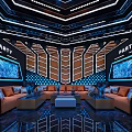Modern KTV Lounge Interior With Blue Lighting Party Theme Large Screens And Comfortable Sofas