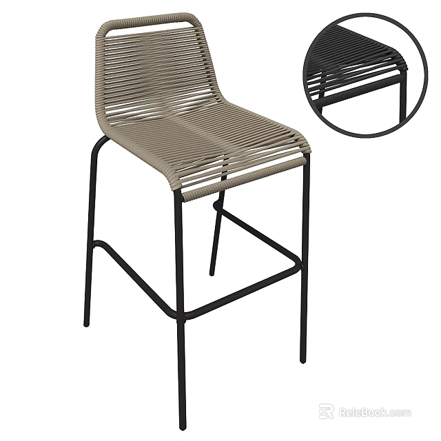 Modern Beige Woven Bar Stool With Black Metal Legs And Woven Texture 3d model 