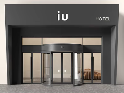 Modern Hotel Entrance With Revolving Glass Door And Black Facade IU Signage 3d model