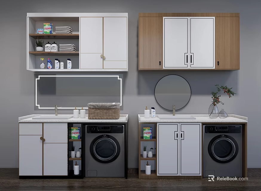 Modern Bathroom Vanity With White And Wooden Cabinets Washing Machines Mirror Plant And Toiletries 3d model 