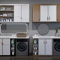 Modern Bathroom Vanity With White And Wooden Cabinets Washing Machines Mirror Plant And Toiletries