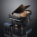 Elegant Black Grand Piano Musical Instrument With Matching Bench And Golden Accents On Reflective Surface