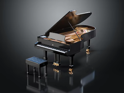 Elegant Black Grand Piano Musical Instrument With Matching Bench And Golden Accents On Reflective Surface 3d model