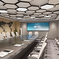 Modern Conference Room Interior With Hexagonal Ceiling Lights Long Table Comfortable Chairs And Wooden Walls
