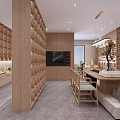 Modern Tea House Interior With Wooden Shelves Tea Display And Seating Area