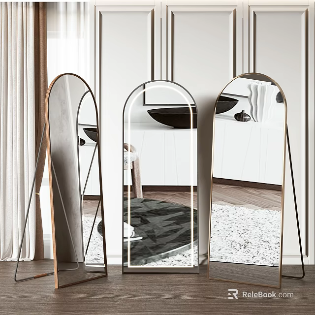 Modern Arched And Rectangular Mirrors With Metal Stands In Interior Reflecting Rug And Furniture 3d model 
