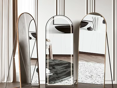 Modern Arched And Rectangular Mirrors With Metal Stands In Interior Reflecting Rug And Furniture 3d model