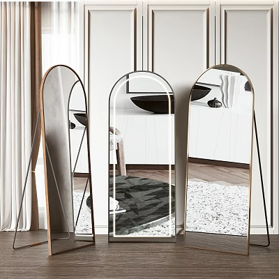 Modern Arched And Rectangular Mirrors With Metal Stands In Interior Reflecting Rug And Furniture 3d model