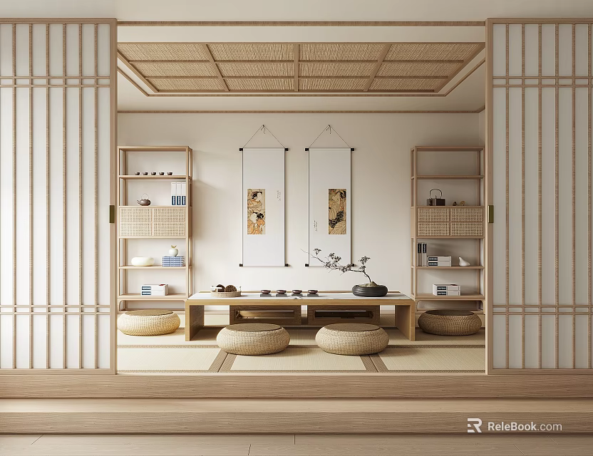 Traditional Japanese Tea Room With Bamboo Ceiling Shoji Doors And Scroll Paintings 3d model 