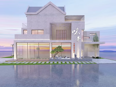 Modern House Facade Design With Glass Elements Lighting Small Tree And Lawn By Waterfront 3d model
