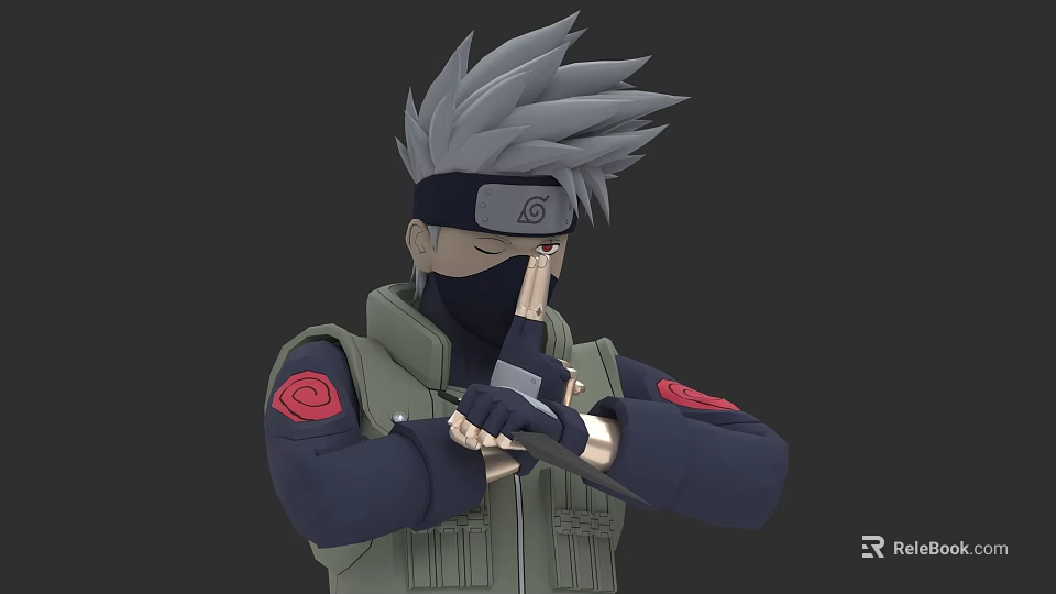 Anime Game Character With Gray Spiky Hair Headband Mask Green Vest And Red Arm Symbols 3d model 