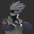 Anime Game Character With Gray Spiky Hair Headband Mask Green Vest And Red Arm Symbols