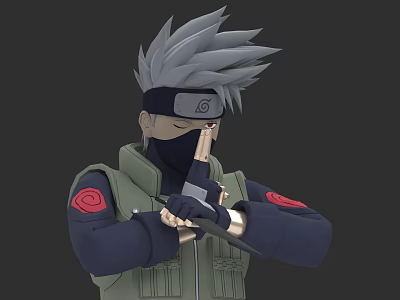 Anime Game Character With Gray Spiky Hair Headband Mask Green Vest And Red Arm Symbols 3d model
