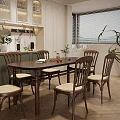 Dark Wooden Dining Table Set With Four Chairs Vase Book And Green Cabinets