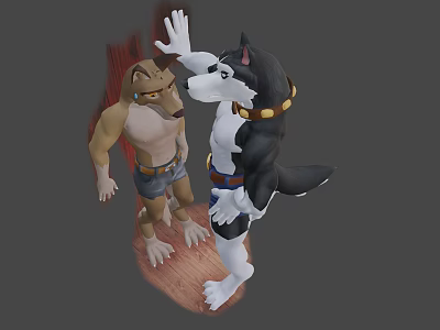 Anthropomorphic Husky And Wolf Game Movie Characters Waving Standing In 3D Render 3d model