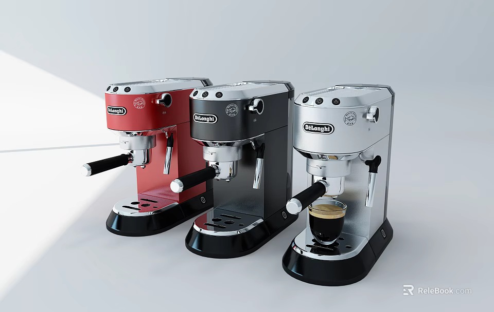 Delonghi Espresso Machines Red Gray And Silver Kitchen Appliances With Coffee Cup 3d model 