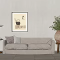 Light Gray Upholstered Two Seater Sofa With Floor Lamp Wall Art And Potted Plant