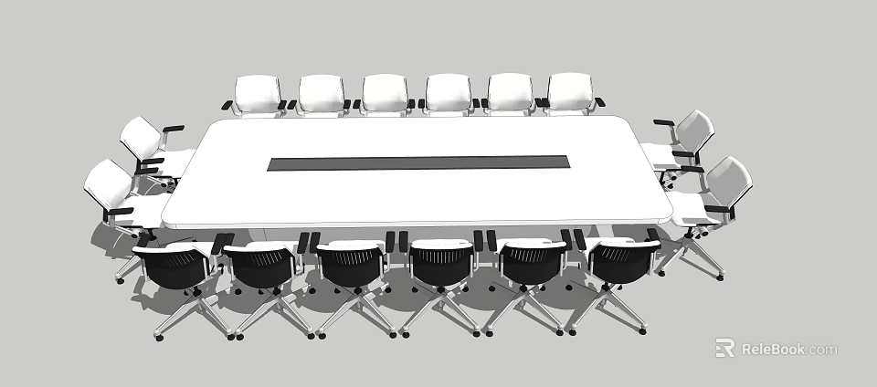 Modern White Rectangular Conference Table With Multiple Black And White Office Chairs 3d model